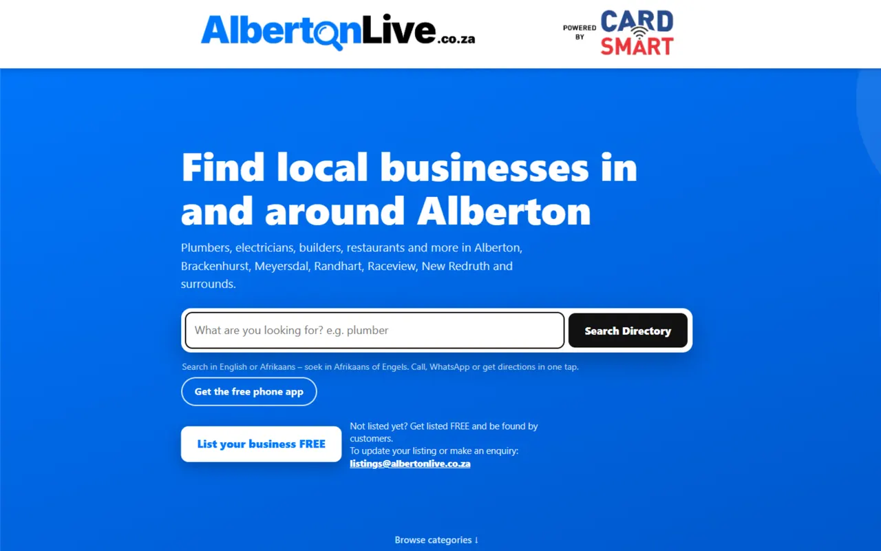 Screenshot of the albertonlive.co.za website