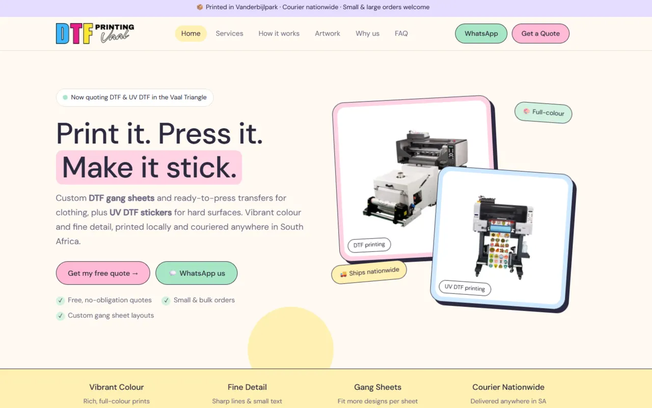 Screenshot of the dtfprintingvaal.co.za website