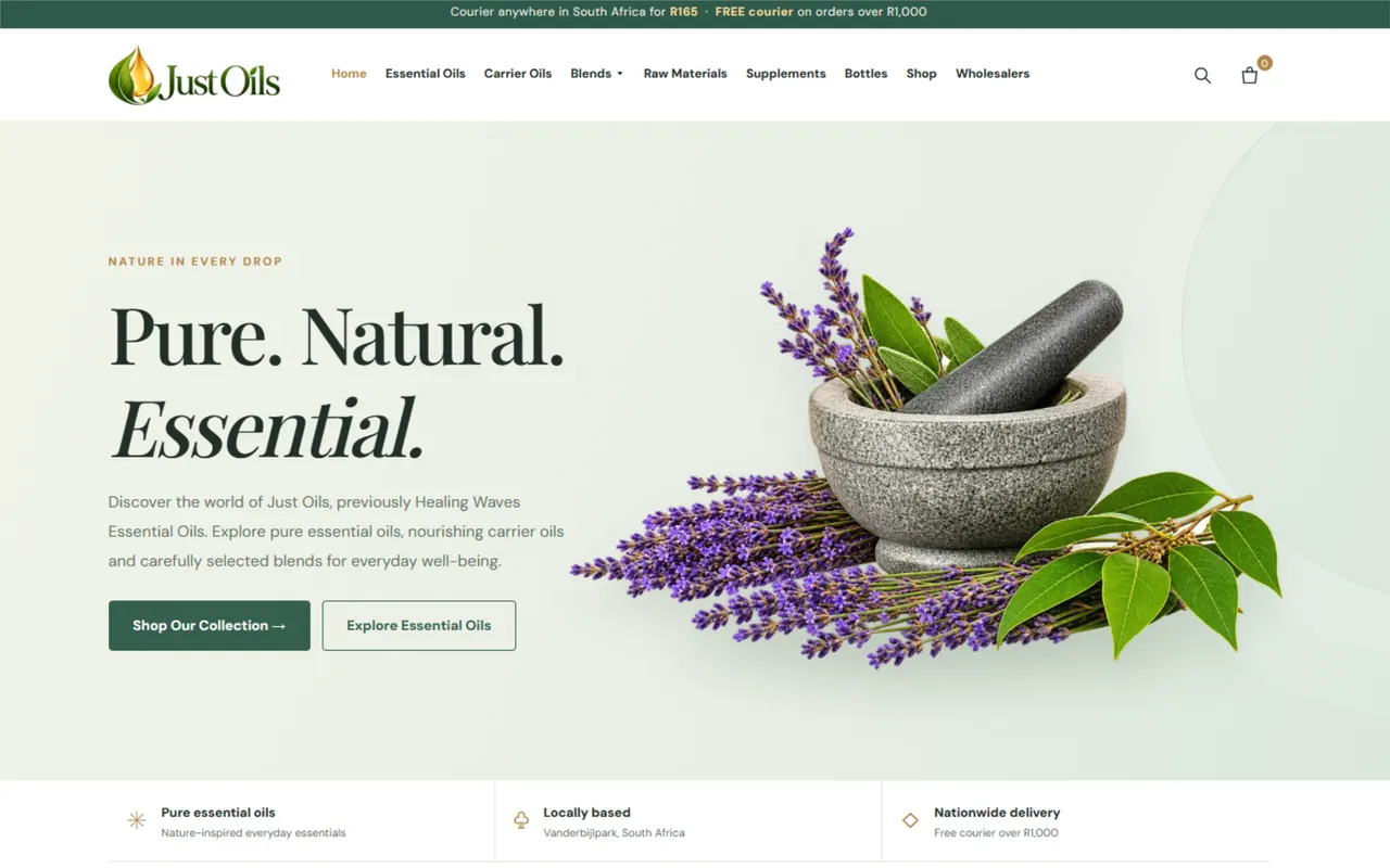 Screenshot of the justoils.co.za website