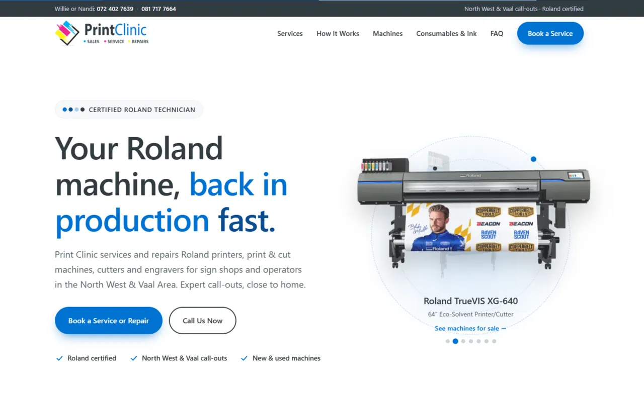Screenshot of the printclinic.co.za website