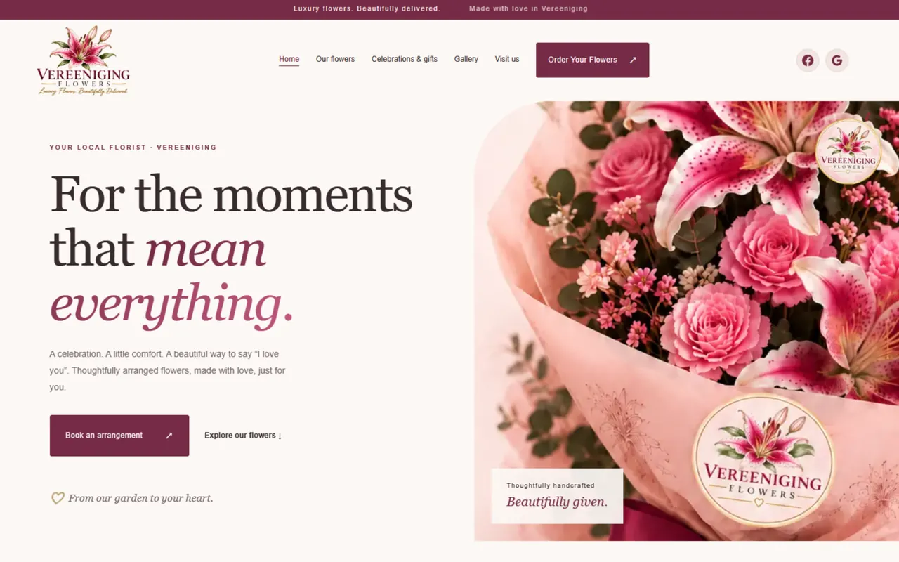 Screenshot of the vereenigingflowers.co.za website